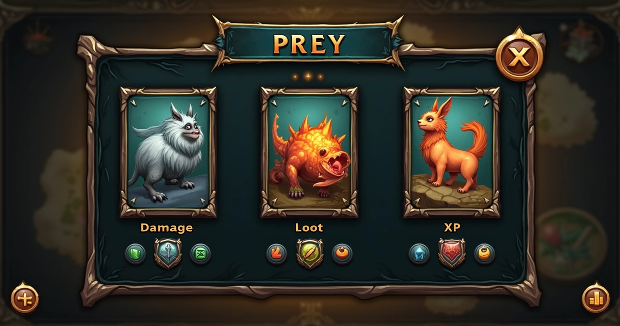 Painel de sistema de prey do Tibia mostrando três slots de criaturas 