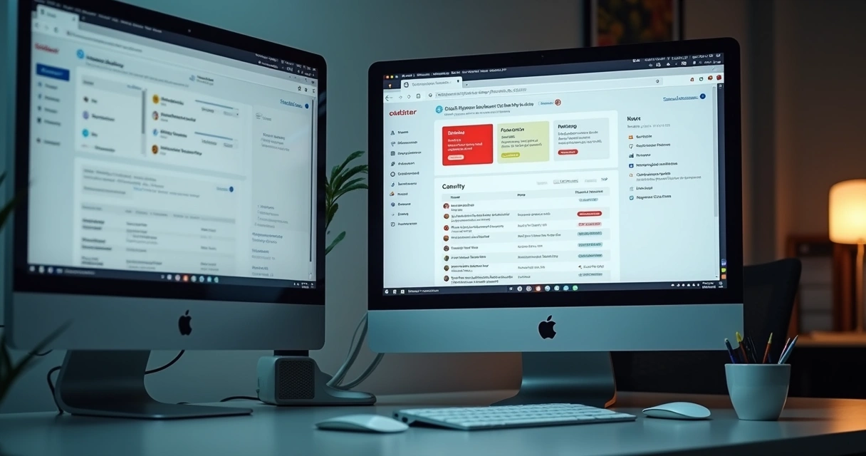 Painel de site com alertas de erro e atualização 