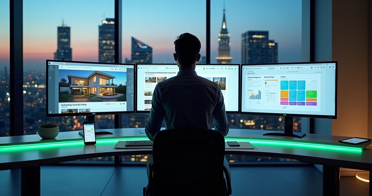 Gestor analisando painéis de sites imobiliários em múltiplos monitores 