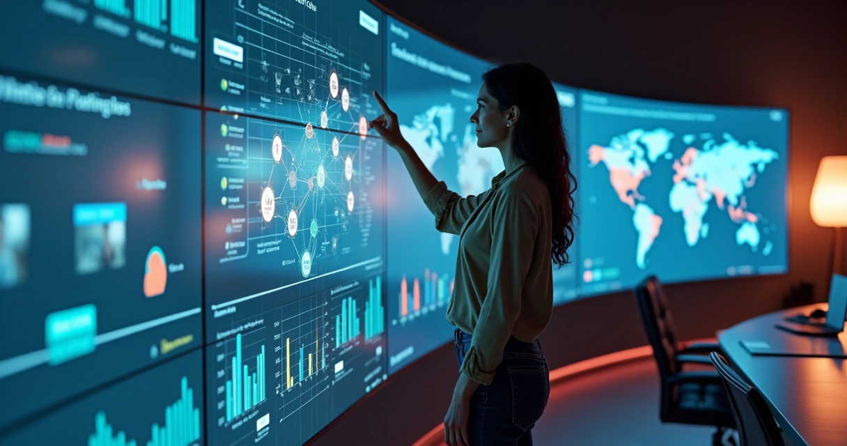 Empreendedora observando tela de vidro com dados de social commerce e ícones de redes sociais ao fundo 