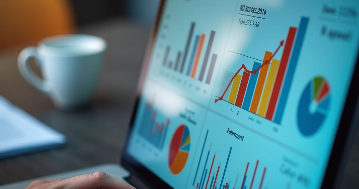 Painel de software de gestão exibindo relatórios e gráficos em monitor 