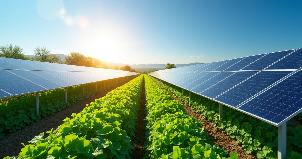 Painel solar instalado em uma fazenda com plantações verdes sob céu azul claro 