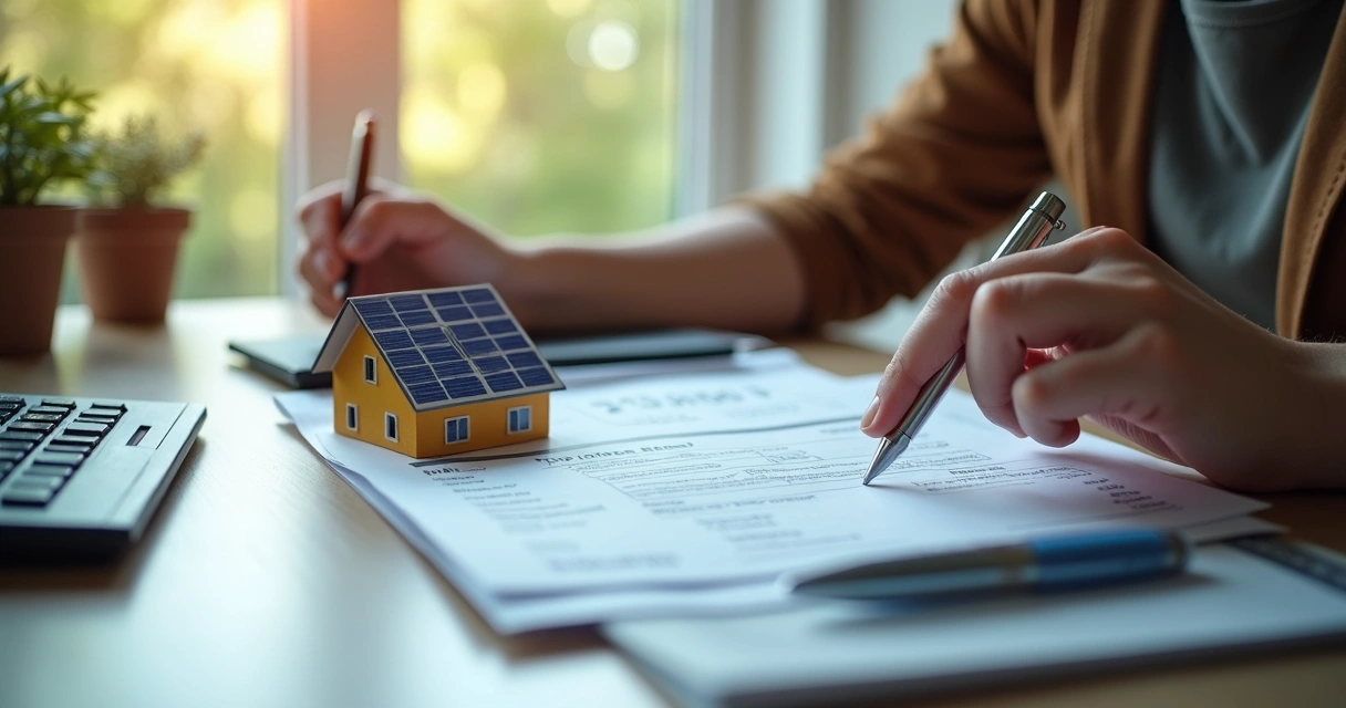 Pessoa analisando conta de luz ao lado de painéis solares 
