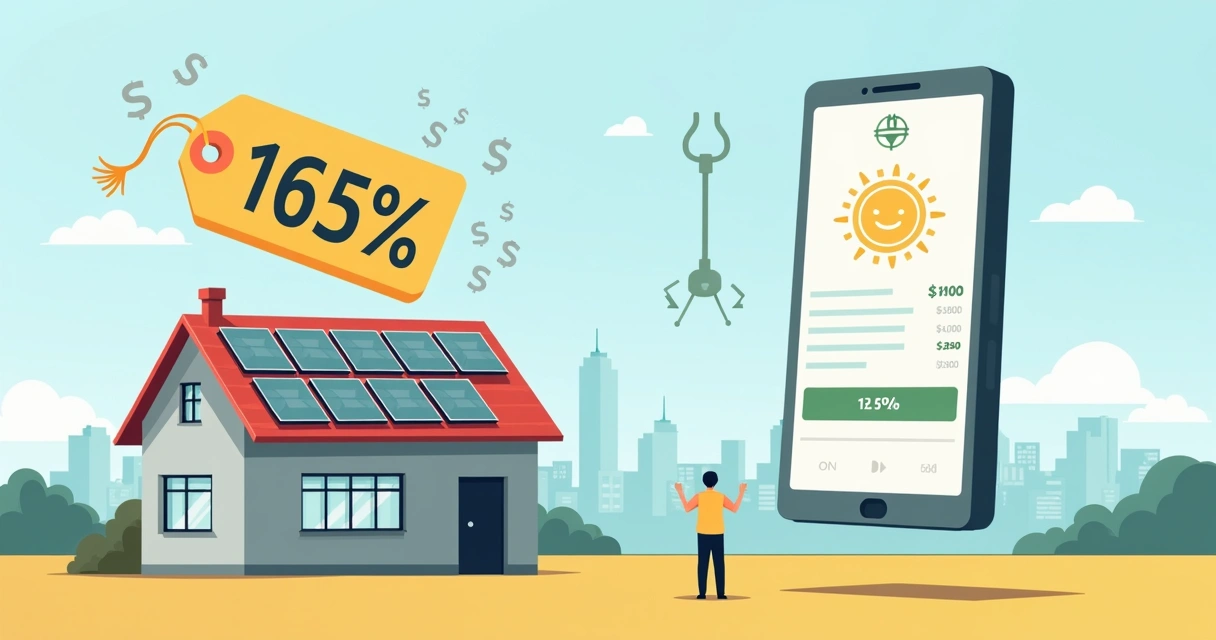 Pessoa observando telhado com placas solares gigantes ao lado de aplicativo mostrando desconto na conta de luz 