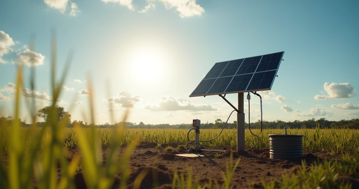 Painel solar ao lado de bomba d'água em fazenda