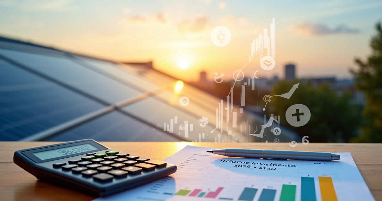 Painéis solares no telhado com calculadora e gráficos de retorno financeiro 