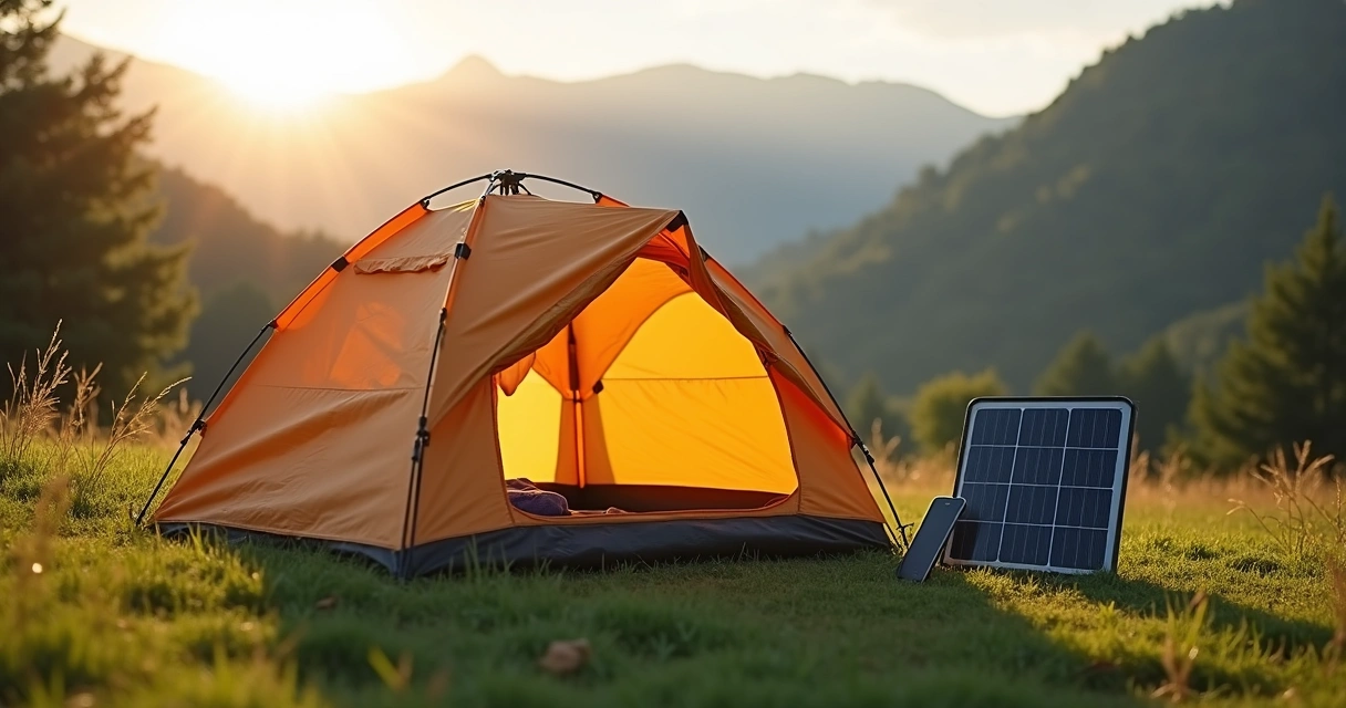 Painel solar aberto em barraca de camping no campo 