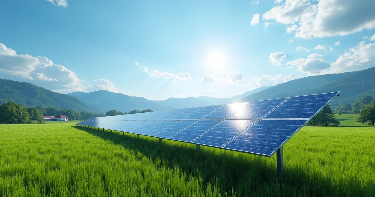 Painéis solares instalados em campo aberto com céu azul ao fundo 
