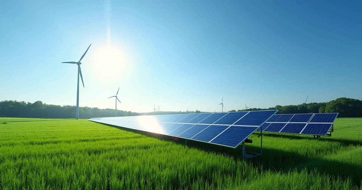 Painel solar em campo verde sob céu azul claro 