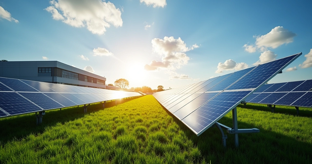 Painéis solares instalados em campo de empresa 