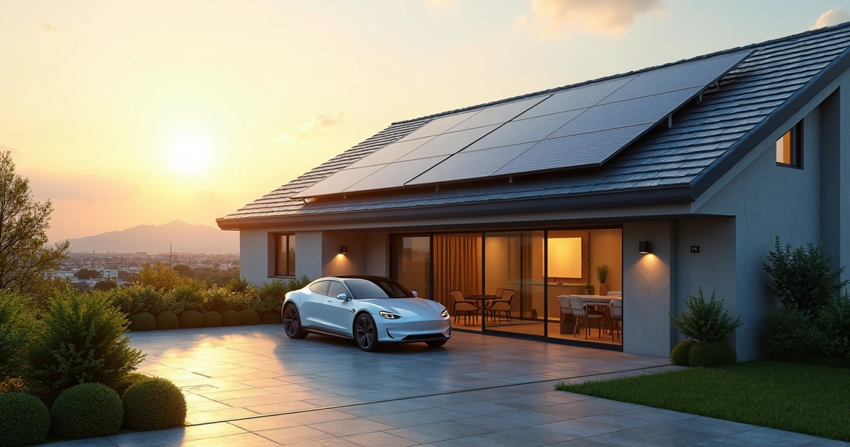Painéis solares abastecendo veículo elétrico em garagem residencial 
