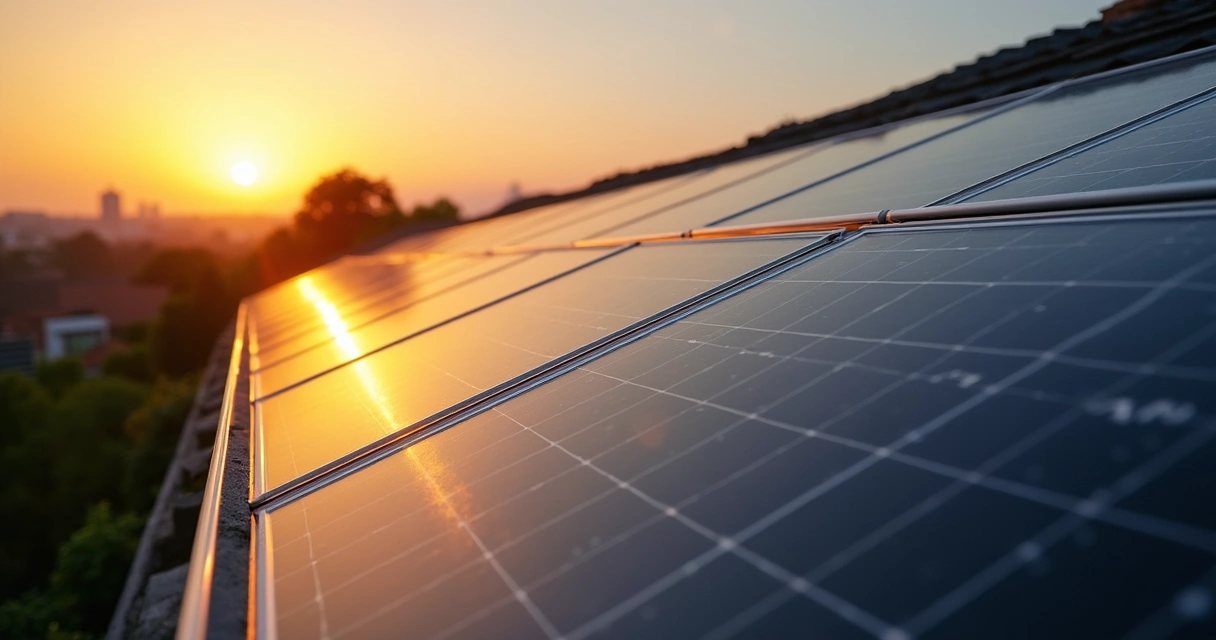 Painéis solares em telhado de casa brasileira ao entardecer