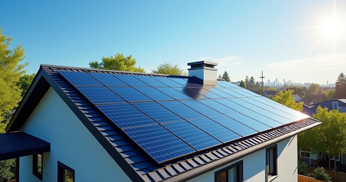 Telhado residencial com painéis solares instalados sob céu claro em área urbana 