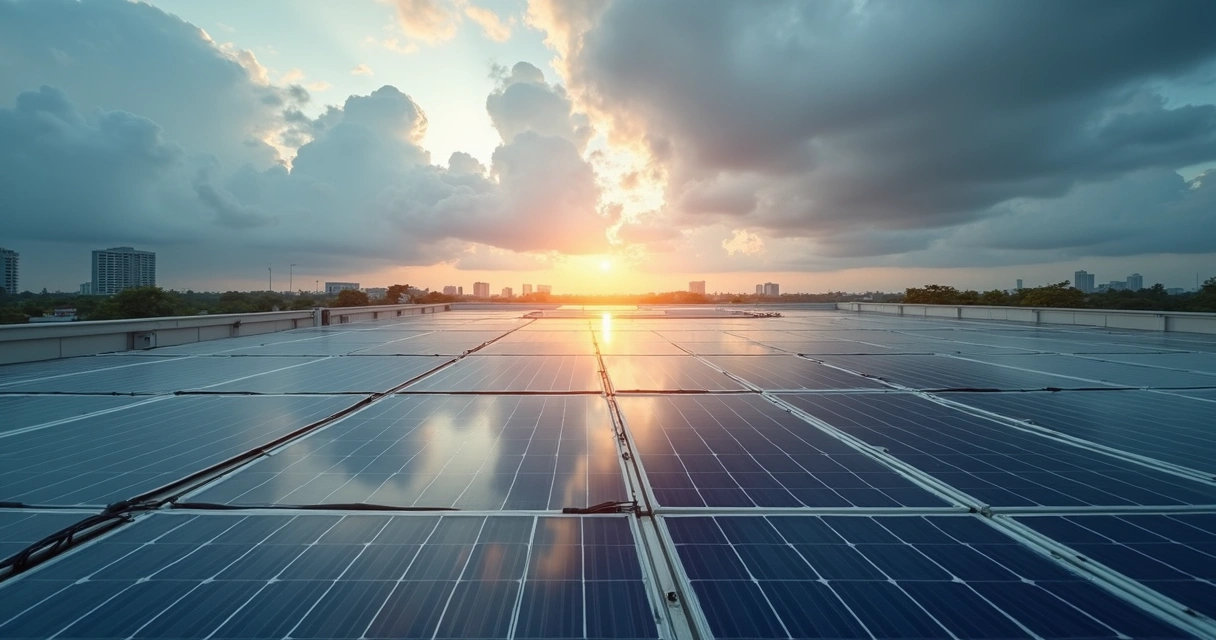 Painéis solares sob céu parcialmente nublado com sol atravessando as nuvens 