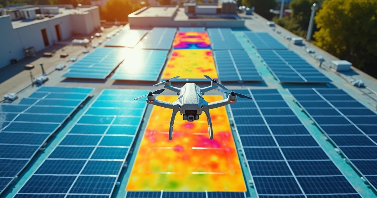 Drone inspecionando painéis solares com imagem térmica 