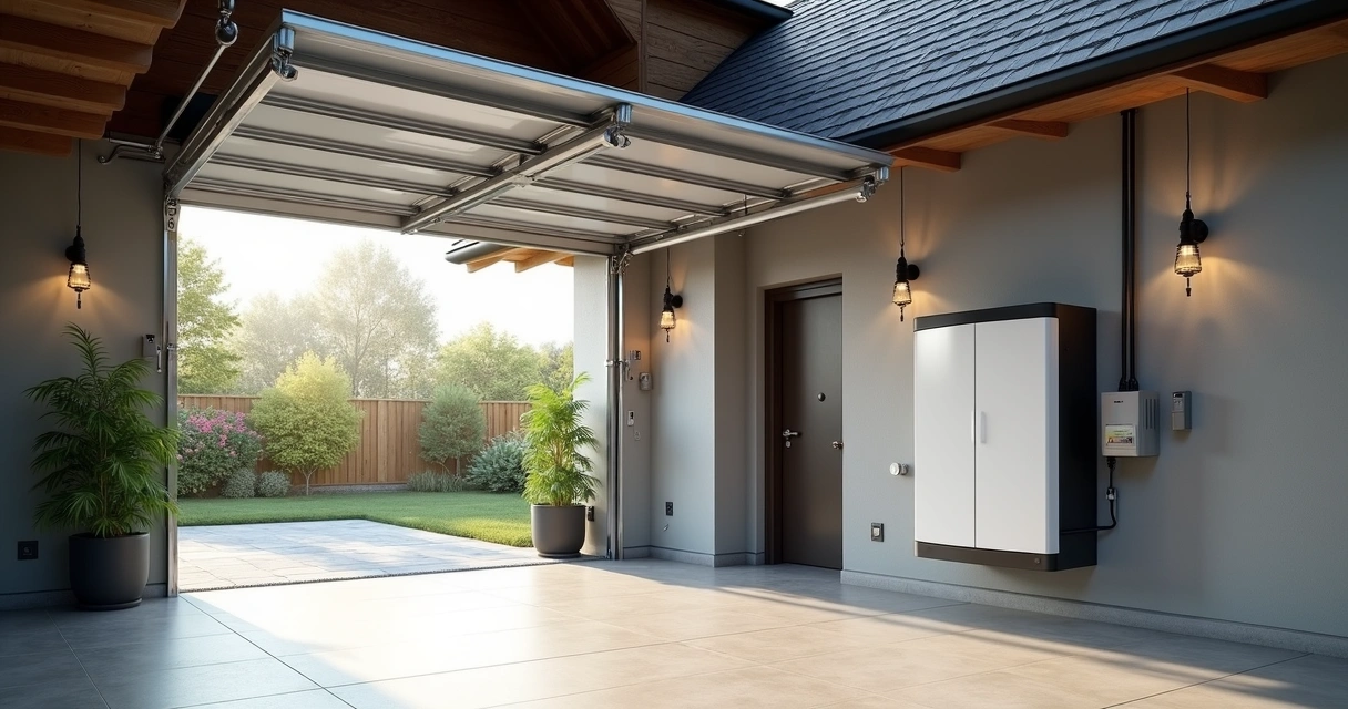 Painel solar residencial ao lado de bateria instalada na parede da garagem, ambiente limpo 