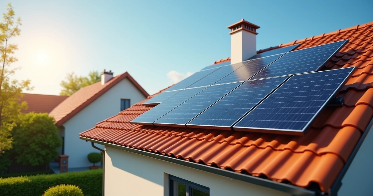 Painéis solares instalados em telhado de casa em área urbana 