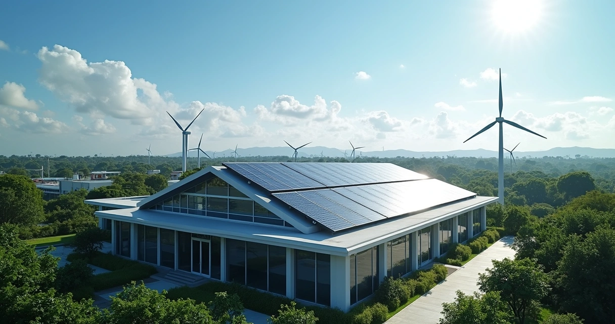 Painel solar instalado em telhado de empresa moderna em cenário ensolarado 