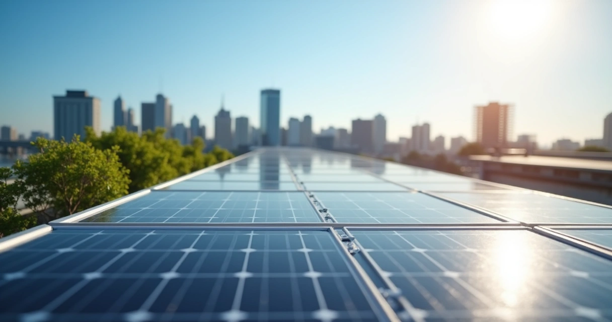 Vista de painéis solares instalados no telhado de uma empresa 