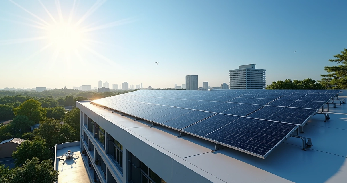 Painéis solares instalados no telhado de uma empresa moderna com céu azul claro 