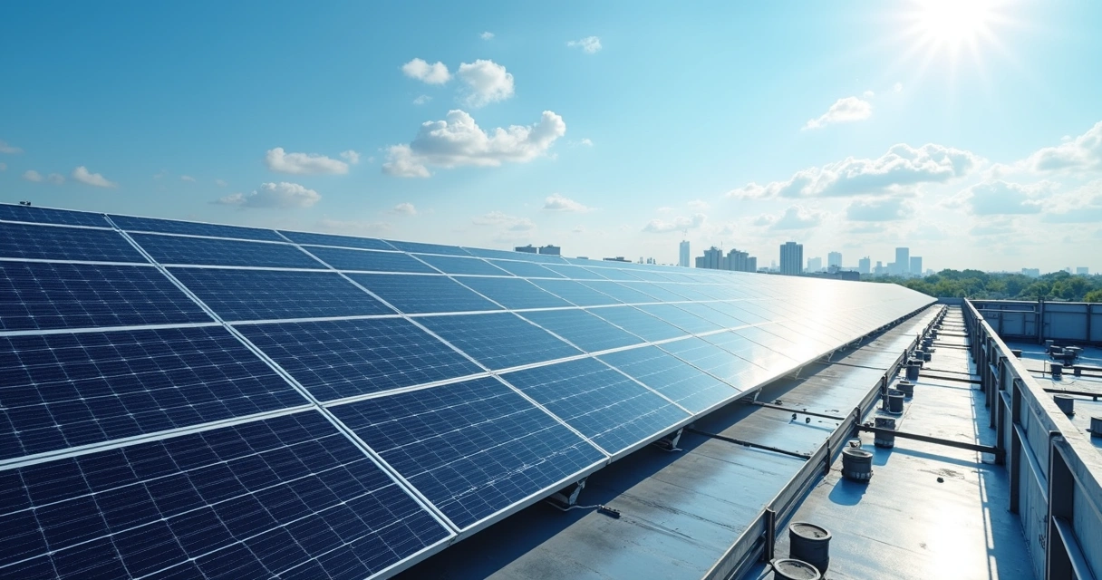 Grande telhado industrial coberto por painéis solares com céu azul 