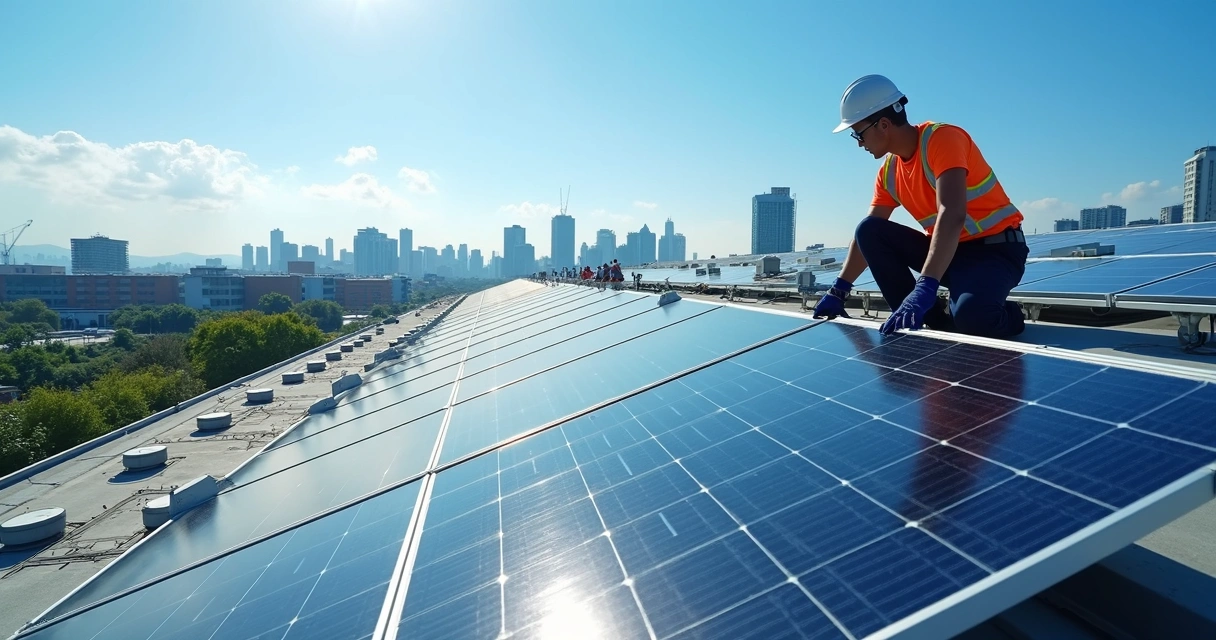 Instalação de painéis solares fotovoltaicos em telhado empresarial com céu azul e ambiente urbano ao fundo 