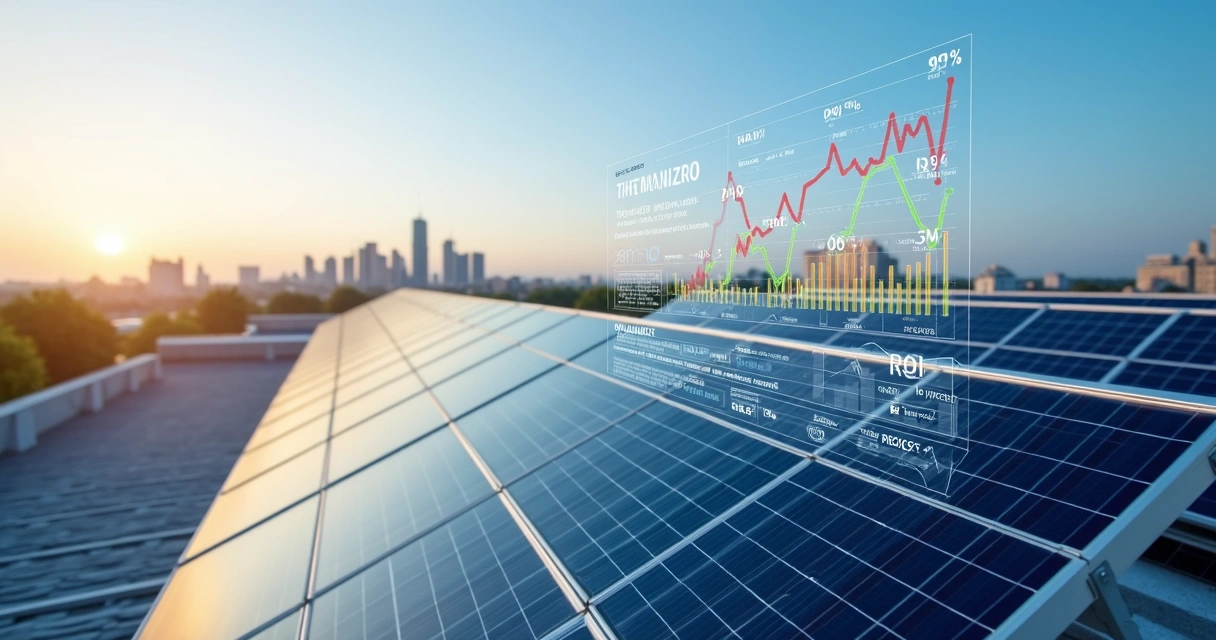 Painéis solares em telhado industrial com gráfico de ROI em destaque 