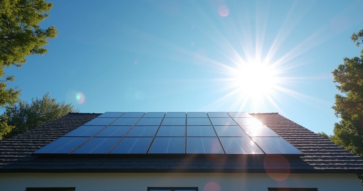 Painel solar em telhado captando luz solar forte
