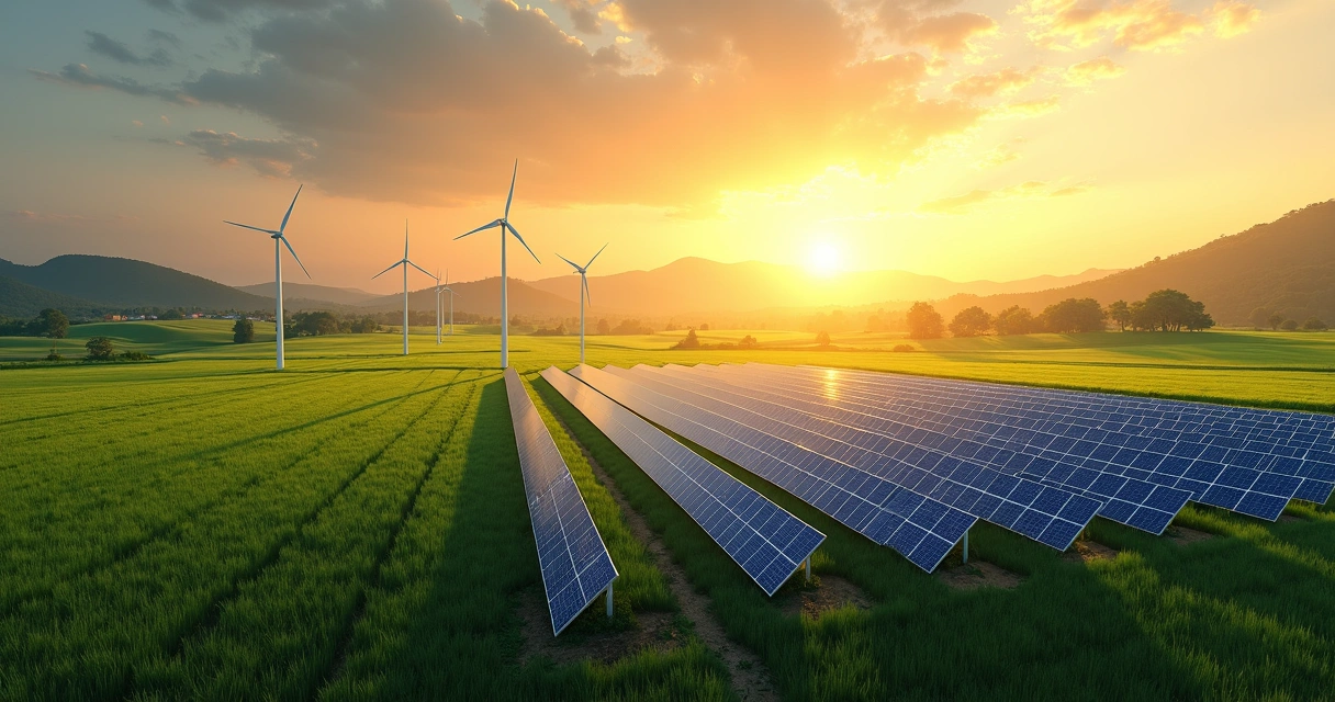 Painéis solares e turbinas eólicas em campo gramado no Brasil ao pôr do sol. 