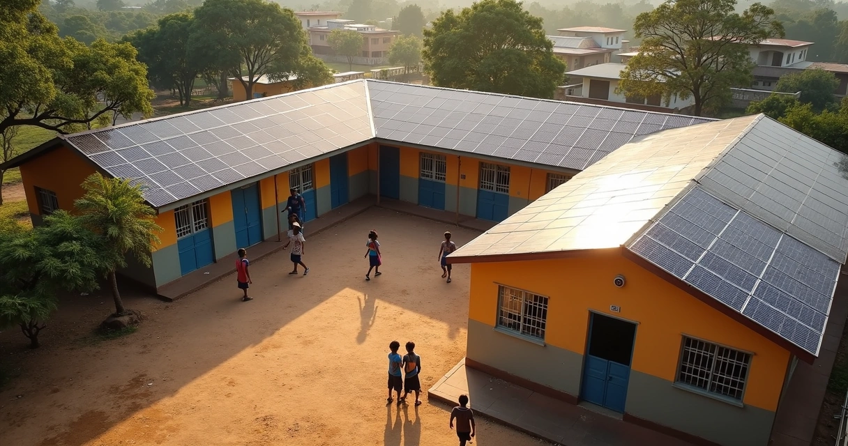 Painéis solares no telhado de uma escola comunitária 