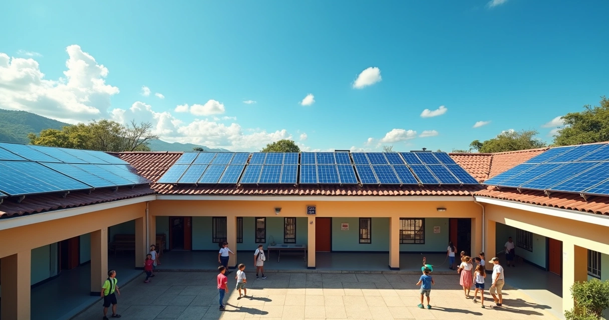 Painel solar instalado no telhado de escola durante o dia 