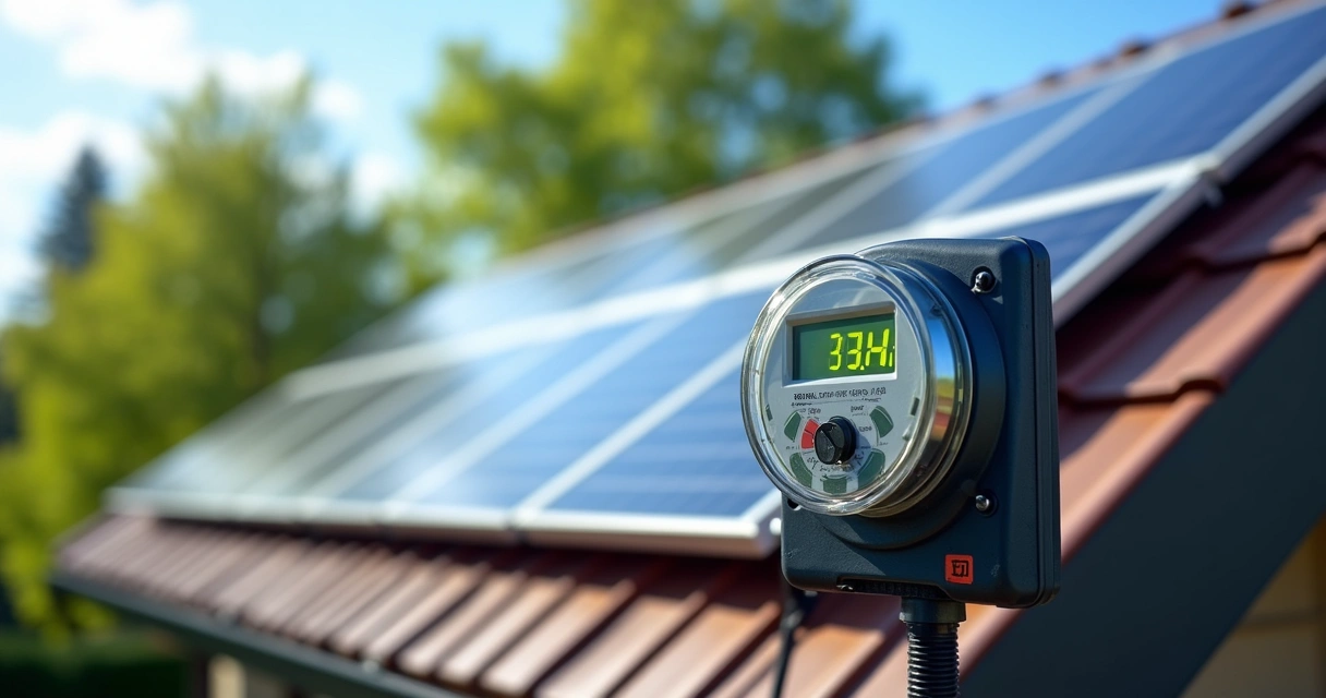 Painéis solares instalados em telhado residencial com medidor de energia e árvores ao redor 