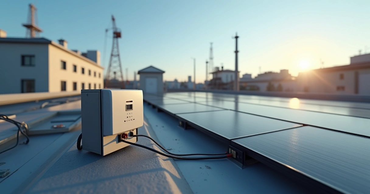 Painéis solares em telhado com controlador de energia, céu azul ao fundo 