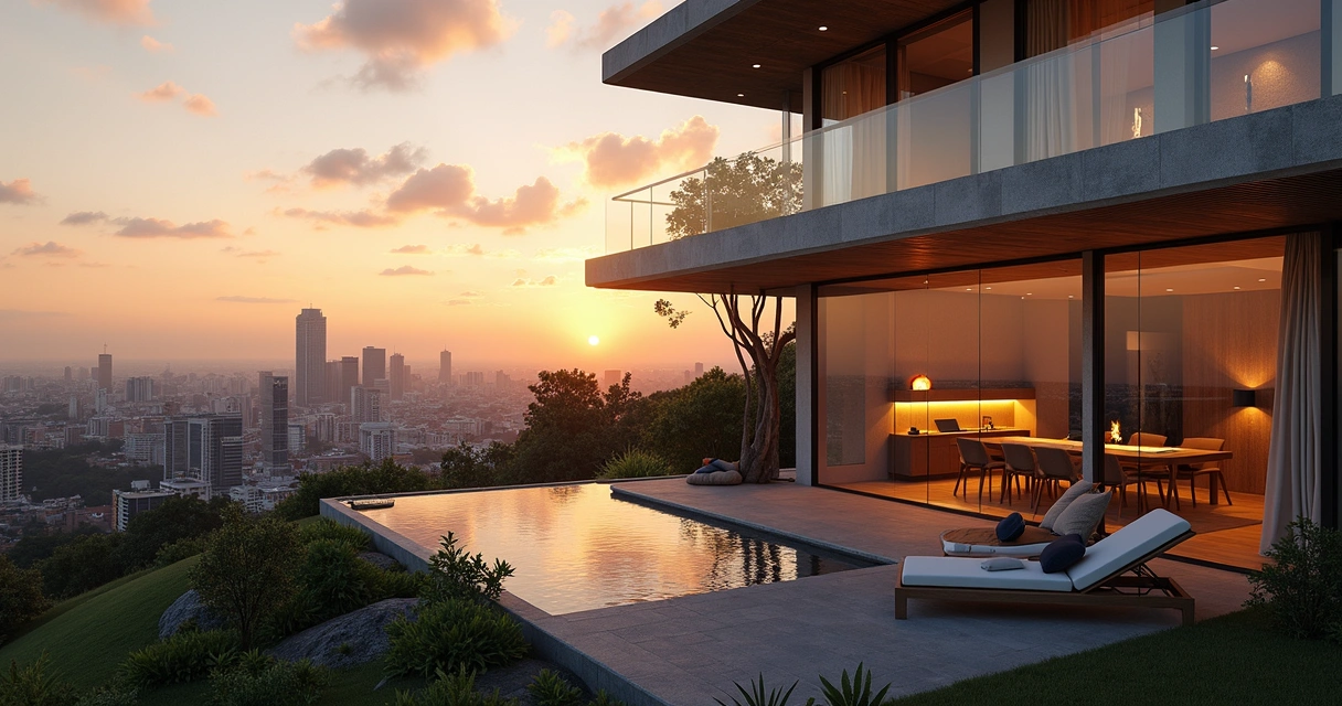 Hotel moderno em Belo Horizonte com painéis solares no telhado ao pôr do sol 