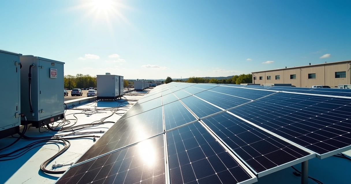 Painéis solares instalados em telhado industrial 