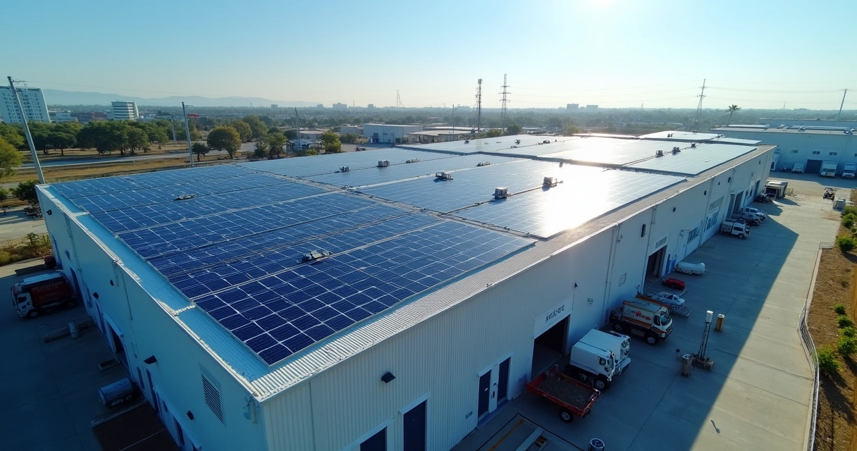 Painéis solares instalados em telhado de indústria