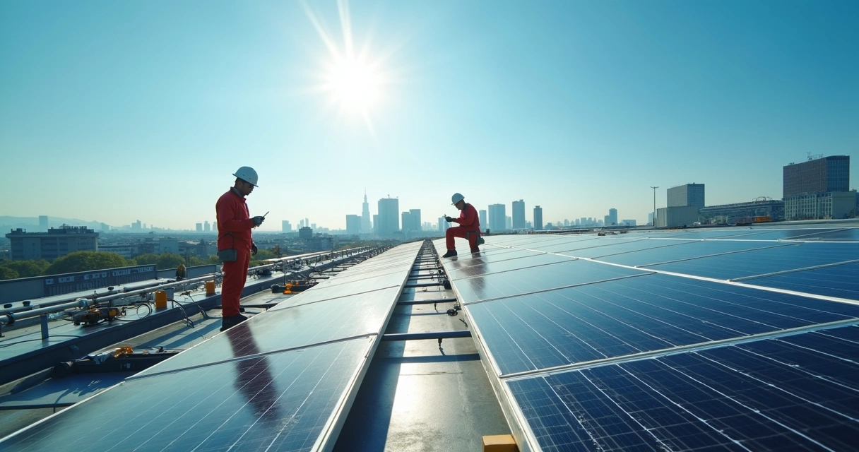 Funcionários ajustando painel solar em telhado industrial 