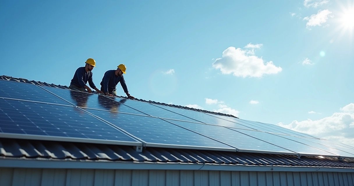 Instalação de painéis solares em telhado de fábrica 