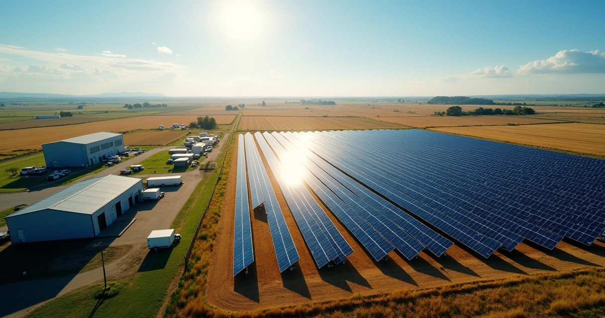 Painéis solares em campo adjacente a uma fábrica
