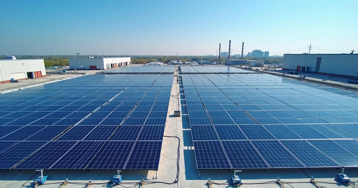 Painéis solares instalados em telhado de indústria sob céu azul