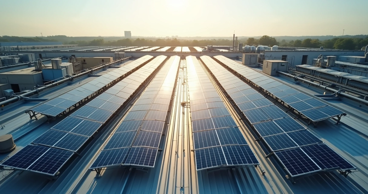 Vista aérea de painéis solares instalados no telhado de uma indústria. 