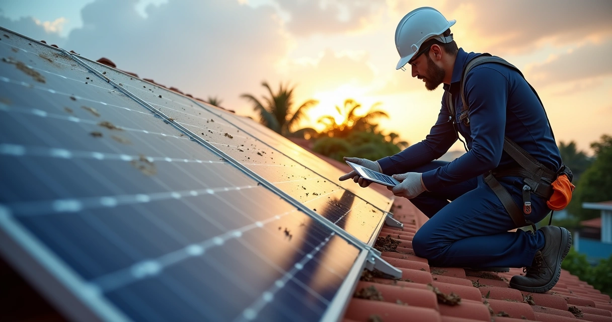 Técnico analisando placas solares sujas em telhado de casa 