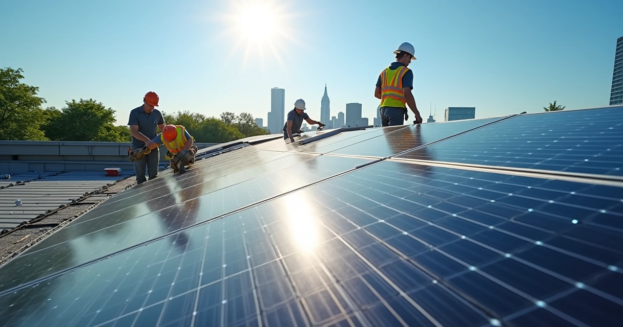Instalação de painéis solares fotovoltaicos em telhado comercial com céu azul e iluminação solar intensa 