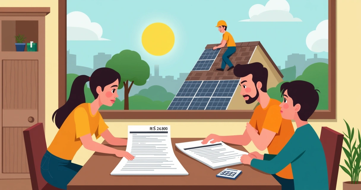 Família analisando orçamento para instalação de placas solares em casa
