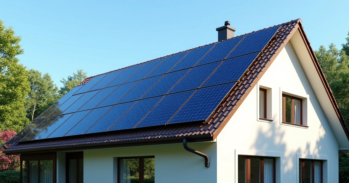 Painéis solares fotovoltaicos instalados no telhado de uma casa moderna com um céu azul claro ao fundo 