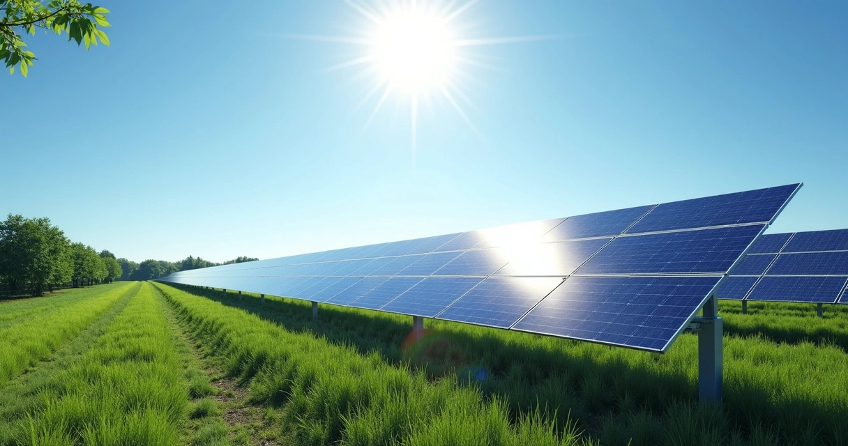 Painel solar instalado em campo aberto com céu azul e luz solar intensa 