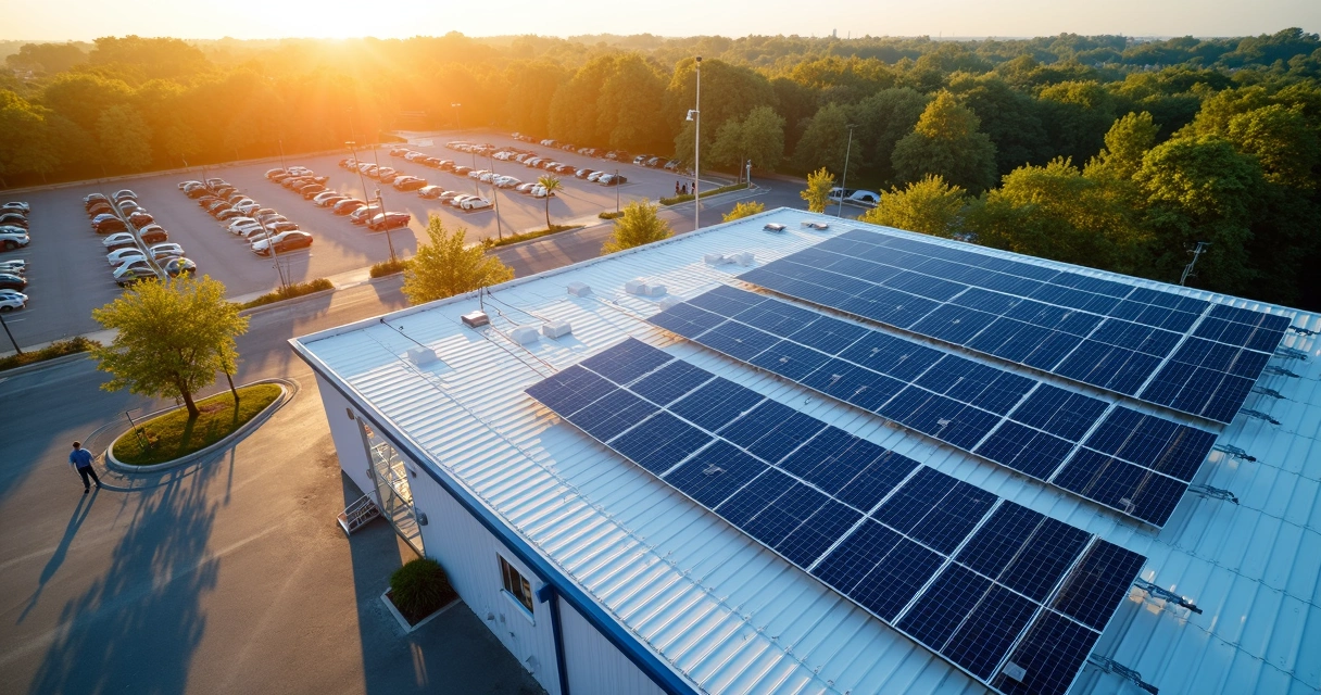 Painel solar fotovoltaico instalado em telhado comercial 