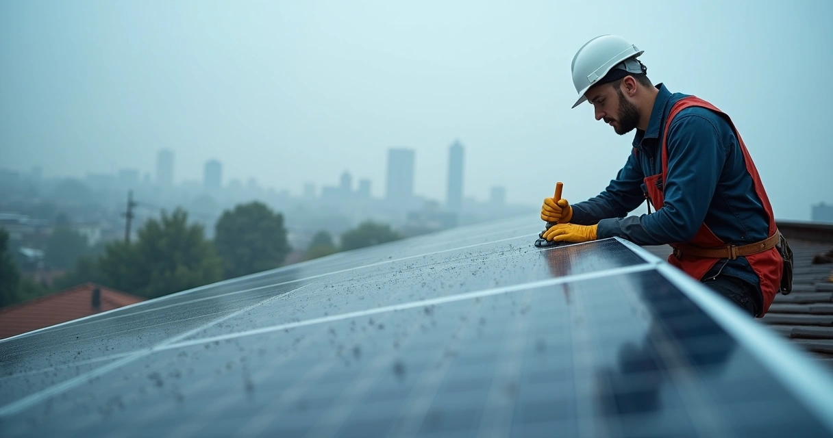 Técnico inspecionando painel solar em tempo nublado 