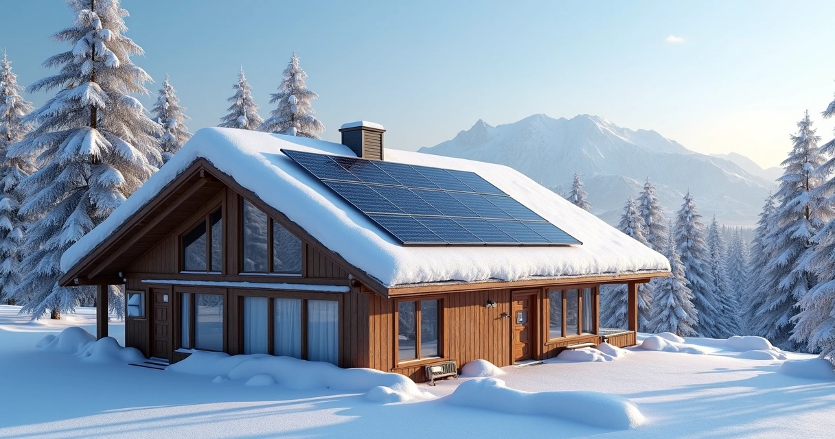 Painel solar com neve sobre telhado de casa em região fria