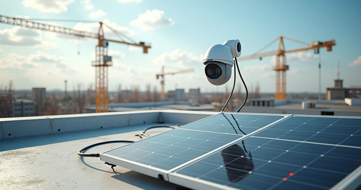 Painel solar instalado em canteiro de obra, conectado a sistemas tecnológicos. 